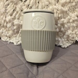 The Pampered Chef White Ceramic Egg Cooker with Gray Silicon Grip Sleeve